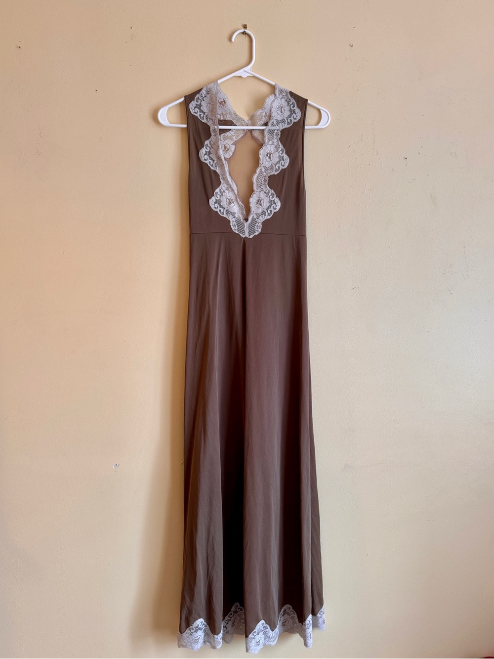 Vintage RARE 70s Brown Slip Dress with White Lace Trim